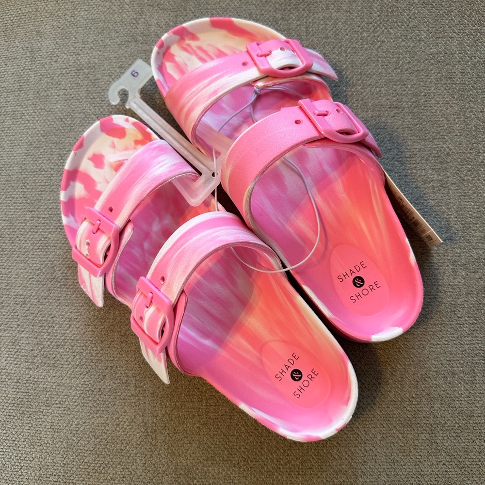 Shade & Shore Tie Dye Two Band Slide sandal Size 6 Pink & White NEW - Picture 2 of 2